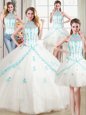 High End Four Piece Halter Top Floor Length Lace Up Sweet 16 Dress White and In for Military Ball and Sweet 16 and Quinceanera with Beading and Appliques