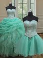 Beauteous Three Piece Turquoise Sleeveless Organza Lace Up Vestidos de Quinceanera for Military Ball and Sweet 16 and Quinceanera