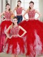 Clearance Four Piece White and Red Scoop Zipper Beading and Ruffles Ball Gown Prom Dress Sleeveless