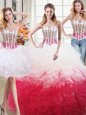 Perfect Three Piece White and Red High-neck Neckline Beading and Ruffles 15 Quinceanera Dress Sleeveless Lace Up
