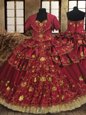 Hot Sale Floor Length Lace Up Quinceanera Gowns Wine Red and In for Military Ball and Sweet 16 and Quinceanera with Beading and Embroidery and Ruffled Layers