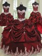 Delicate Four Piece Wine Red Ball Gowns Sweetheart Sleeveless Taffeta Floor Length Lace Up Beading and Appliques and Pick Ups Quinceanera Dress