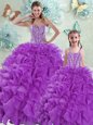 Elegant Eggplant Purple 15 Quinceanera Dress Military Ball and Sweet 16 and Quinceanera and For with Beading and Ruffles Sweetheart Sleeveless Brush Train Lace Up