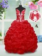 Excellent Red Spaghetti Straps Neckline Beading and Pick Ups and Hand Made Flower Flower Girl Dresses Sleeveless Lace Up