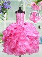 Beautiful Straps Rose Pink Sleeveless Beading and Ruffles and Pick Ups Floor Length Little Girls Pageant Dress