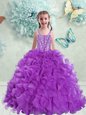 Amazing Eggplant Purple Straps Neckline Beading and Ruffles Little Girls Pageant Dress Sleeveless Lace Up
