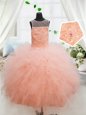 Scoop Peach Sleeveless Floor Length Beading and Lace and Ruffles Zipper Kids Formal Wear