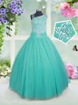 Free and Easy Turquoise Tulle Zipper Asymmetric Sleeveless Floor Length Kids Pageant Dress Beading