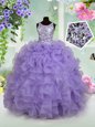 Scoop Sleeveless Organza Floor Length Zipper Girls Pageant Dresses in Lavender for with Beading and Ruffles