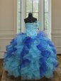 Romantic Blue Ball Gowns Organza Strapless Sleeveless Beading and Ruffles Floor Length Lace Up Flower Girl Dress