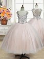Dazzling Straps Cap Sleeves Floor Length Beading Zipper Flower Girl Dress with Pink