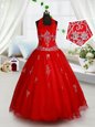 Halter Top Red Organza Lace Up Flower Girl Dress Sleeveless Floor Length Beading and Appliques