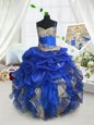 Exceptional Blue and Champagne Lace Up Flower Girl Dresses for Less Beading and Ruffles and Pick Ups Sleeveless Floor Length
