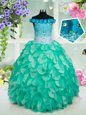 Ideal Off the Shoulder Turquoise Sleeveless Organza Lace Up Toddler Flower Girl Dress for Quinceanera and Wedding Party