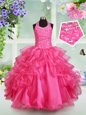 Fine Hot Pink Organza Lace Up Halter Top Sleeveless Floor Length Little Girl Pageant Dress Beading and Ruffled Layers