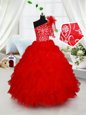 One Shoulder Floor Length Ball Gowns Sleeveless Red Kids Formal Wear Lace Up