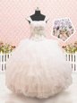 Inexpensive White Flower Girl Dresses Quinceanera and Wedding Party and For with Beading and Ruffled Layers Straps Cap Sleeves Lace Up