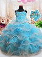 Enchanting Straps Baby Blue Sleeveless Floor Length Beading and Appliques and Ruffled Layers Zipper Toddler Flower Girl Dress