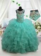 Noble Scoop Turquoise Organza Lace Up Little Girl Pageant Dress Sleeveless Floor Length Beading and Ruffled Layers