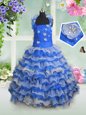 Elegant Blue And White Organza Lace Up Halter Top Sleeveless Floor Length Toddler Flower Girl Dress Beading and Appliques and Ruffled Layers