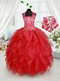 Smart Halter Top Sleeveless Floor Length Beading and Ruffles Lace Up Flower Girl Dress with Red