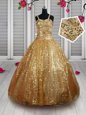 Top Selling Straps Sequins Floor Length Ball Gowns Sleeveless Gold Toddler Flower Girl Dress Lace Up