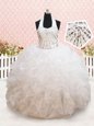 Captivating Halter Top White Sleeveless Beading and Ruffles Floor Length Toddler Flower Girl Dress