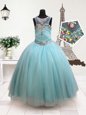 Discount Scoop Floor Length Zipper Toddler Flower Girl Dress Aqua Blue and In for Quinceanera and Wedding Party with Beading