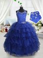 Beautiful Royal Blue Halter Top Lace Up Beading and Ruffled Layers Little Girl Pageant Gowns Sleeveless