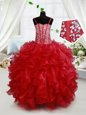 Captivating Sleeveless Lace Up Floor Length Beading and Ruffles Toddler Flower Girl Dress