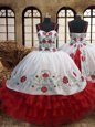 White and Red Spaghetti Straps Neckline Embroidery and Ruffled Layers Kids Formal Wear Sleeveless Lace Up