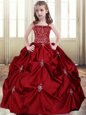 Custom Fit Wine Red Ball Gowns Spaghetti Straps Sleeveless Taffeta Floor Length Lace Up Beading and Pick Ups Kids Formal Wear