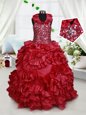Extravagant Halter Top Floor Length Zipper Kids Formal Wear Wine Red and In for Quinceanera and Wedding Party with Beading and Ruffles and Sequins