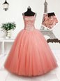 Fabulous Straps Beading Little Girls Pageant Gowns Peach Lace Up Sleeveless Floor Length