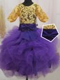 Great Scoop Short Sleeves Little Girls Pageant Dress Mini Length Lace and Ruffles and Bowknot Eggplant Purple and Gold Tulle
