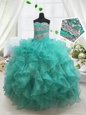 Turquoise Sleeveless Organza Lace Up Kids Formal Wear for Quinceanera and Wedding Party