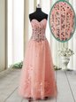 Peach Sleeveless Beading Ankle Length Prom Dress