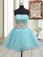 Aqua Blue Sleeveless Mini Length Beading Zipper Prom Dress