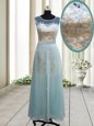 Scoop Light Blue Chiffon Backless Prom Evening Gown Cap Sleeves Ankle Length Lace