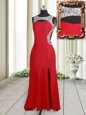 Red Elastic Woven Satin Backless Scoop Sleeveless Dress for Prom Brush Train Beading