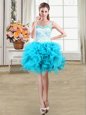 Straps Baby Blue Sleeveless Mini Length Beading and Lace and Ruffles Lace Up Prom Dresses