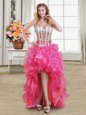 Beauteous High Low Ball Gowns Sleeveless Hot Pink Prom Gown Lace Up