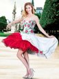 Edgy White And Red Sleeveless Mini Length Embroidery and Ruffles Zipper Dress for Prom