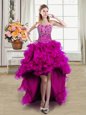 Fitting High Low Fuchsia Prom Evening Gown Organza Sleeveless Beading