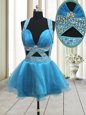Halter Top Sleeveless Mini Length Beading Backless Prom Dresses with Baby Blue