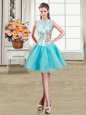 New Style Scoop See Through Aqua Blue Sleeveless Organza Zipper Junior Homecoming Dress for Military Ball and Sweet 16 and Quinceanera