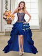 Sleeveless High Low Beading and Appliques and Pick Ups Lace Up Celebrity Prom Dress with Royal Blue