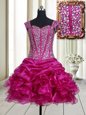 Shining Mini Length Fuchsia Homecoming Dress Straps Sleeveless Lace Up