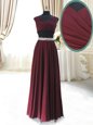 Edgy Burgundy V-neck Zipper Beading and Belt Prom Evening Gown Cap Sleeves