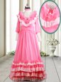 Deluxe Long Sleeves Beading and Lace and Ruffled Layers Zipper Homecoming Dresses with Pink Brush Train